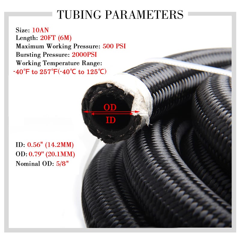 YIUIY 10AN 5/8"" 20FT Fuel Line Hose  CPE Braided Nylon Stainless Steel for Fuel Diesel Oil Coolant Fluid  Transmission Oil Cooler Line Coolant Hose - Black - Image 2